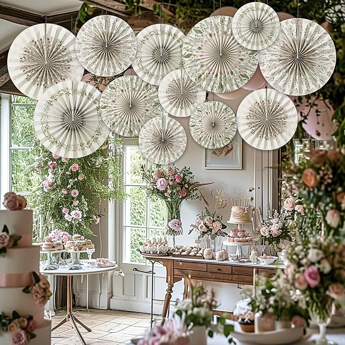 Feifeiya 12 Pcs Antique Herbs and Wild Floral Hanging Paper Fans 8'' 12'' 16'' Botanical Herbs Vintage Wildflower Paper Fans Hanging Ornaments Set for Wedding Birthday Spring Summer Party Decoration