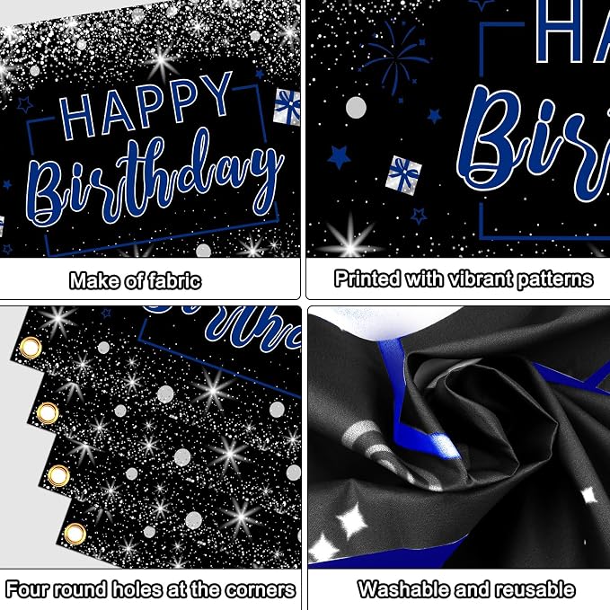 Blue and Black Birthday Decorations for Men Women, Happy Birthday Decorations for Boys Girls Silver Blue Party Decorations Backdrop Tablecloth Confetti Balloons Arch Kit Fringe Curtains Table Cover