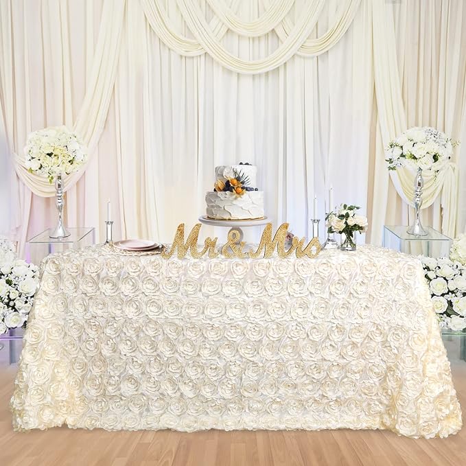 Ivory Rosette Tablecloth Wedding Decoration 50x80Inch Satin Tablecloth Flower Table Cover for Wedding Baby Shower Home Party Table Decoration