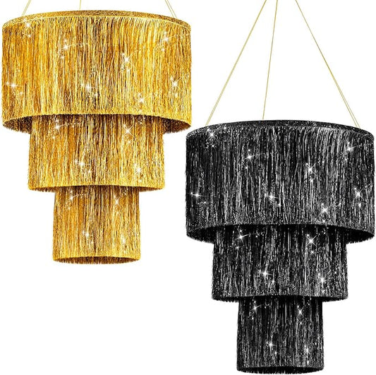 Rossesay 2 Piece 3 Tier Fringe Tinsel Chandelier Fringe Chandelier Decoration Birthday Bachelorette Party Decoration Iridescent Foil Shimmering for Wedding Home (Gold+Black)