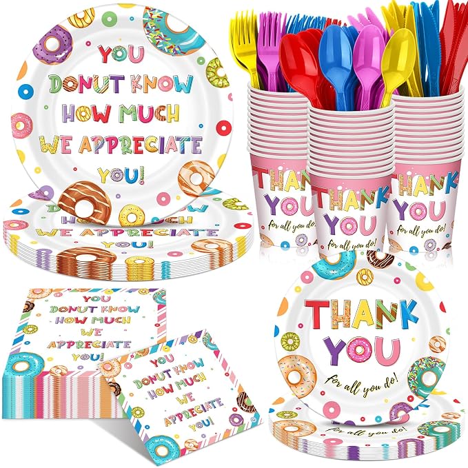 168 Pcs You Donut Know How Much We Appreciate CNA Week Gifts Bulk 2026 Party Decor Employee Appreciation Decoration Donut Thanks for All You Do Doughnut Tableware Set Serve 24 for Staff