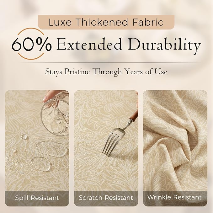 Beige Thick Linen Tablecloth for Rectangle Tables, Waterproof Wipeable Decorative Table Cover for Dining Kitchen Indoor Outdoor, 67" x 118" 10-12 Seats