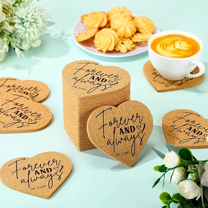 Uiifan 50 Sets Wedding Favors for Guest Heart Shaped Cork Coasters Sets Wedding Gifts Bulk Thank You Cards and Organza Bags Bridal Shower Favors for Souvenirs Engagement Party
