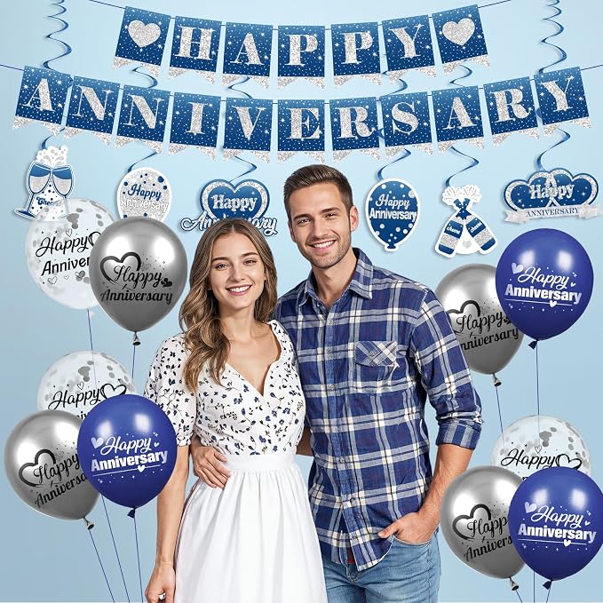 Blue Happy Anniversary Decorations for Men Women - Silver Banner Backdrop, Hanging Swirls, Porch Sign, Navy Balloons - Party Decor for Wedding Anniversary Supplies