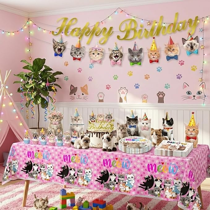 Cat Birthday Decorations, Cat Party Supplies with 9" & 7" Plates, Napkins, Tablecloth, Cake Topper, Pre-assembled Banner & Honeycomb Centerpieces for Cat Themed Birthday Party Decorations