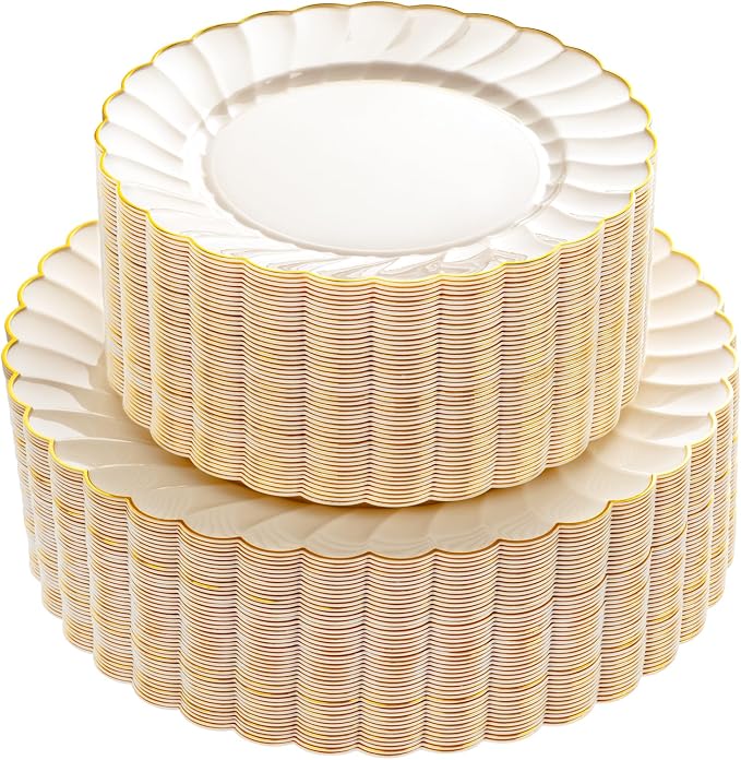 YOUBET 100PCS Ivory Scalloped Plastic Plates - Heavy Duty Gold Disposable Fancy Hard Plates Include 50 Dinner Plate, 50 Dessert Plate, for Wedding & Party