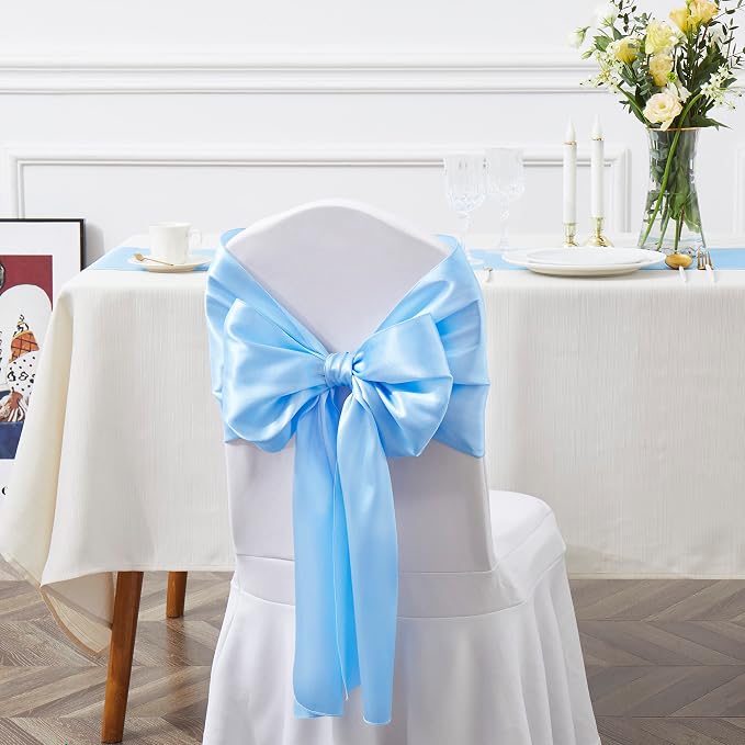 10 Pcs Light Blue Satin Chair Sashes Bows Universal Chair Cover for Wedding Reception Events Banquets Party, Hotel Event Decorations, 6 x 108 inch