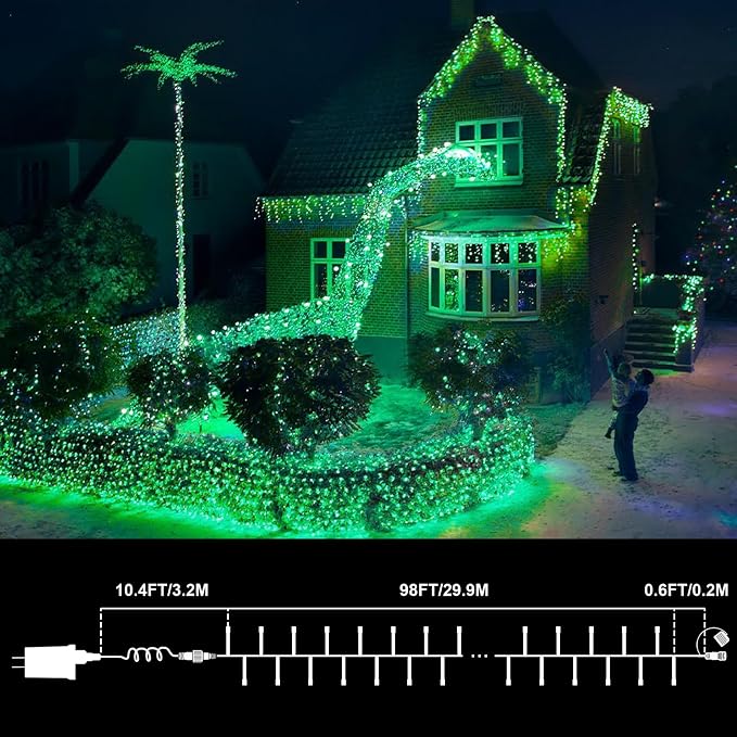 LAMPHOME 99ft St Patricks Day Green String Lights, 300 LED Transparent Wire Fairy StarryMini Light Plug in, 16Lighting Modes for Indoor Outdoor Xmas Tree Wedding Party Decoration