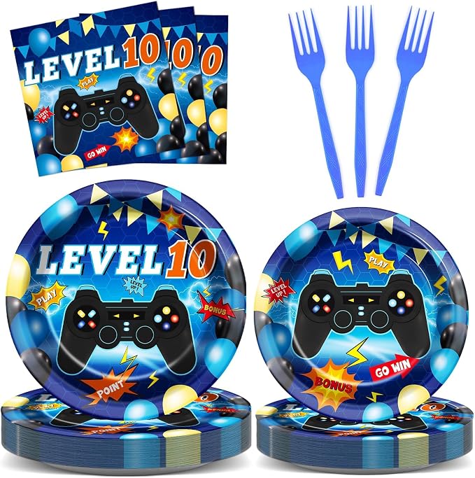 96Pcs Level 10 Plates and Napkins Sets Level Up 10 Unlocked Birthday Decorations 10th Birthday Plates for Boys Video Game Supplies 10th Blue Gaming Pattern Design Party Favors for 24 Guests