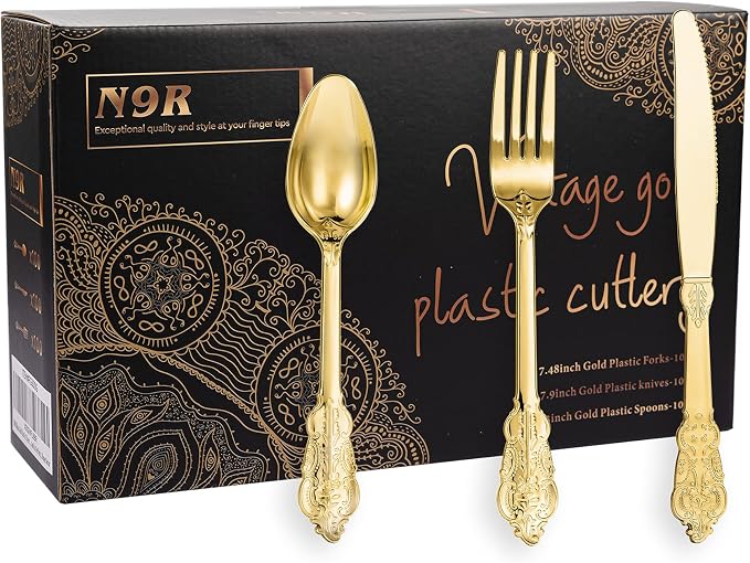 N9R 300pcs Gold Plastic Silverware Dinnerware Flatware- Heavyweight Plastic Cutlery Set, 100 Forks, 100 Spoons, 100 Knives, Gold Utensils for Party, Thanksgiving, Christmas