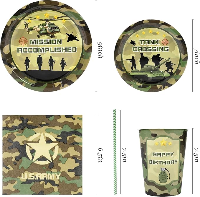 Recheel Army Birthday Party Supplies Decorations, Camo Theme Birthday Paper Plates and Napkins Set with Cups and Straws for 24 Guests, 120 Pcs Disposable Party Dessert Dinnerwares