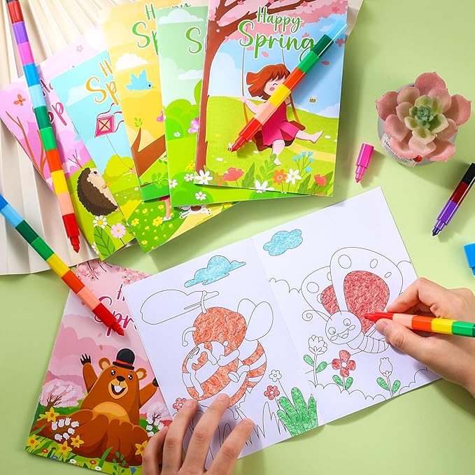 BenLouis 24 Spring Mini Coloring Books Kids with 24 Stacking Crayons Easter Party Favors Activity Books Bulk for Kids Butterfly Flower Bee Birthday Goodie Bag Gift Stuffer Classroom Reward