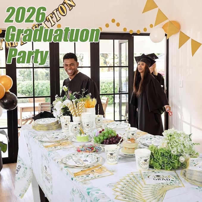 Funnymoom 452 Pcs Class of 2026 Sage Green Graduation Decoration Party Supply for 50, Green Gold Eucalyptus Congrats Grad Paper Plates Napkins Cup Tablecloth Cutlery for Freshly Graduated Decoration
