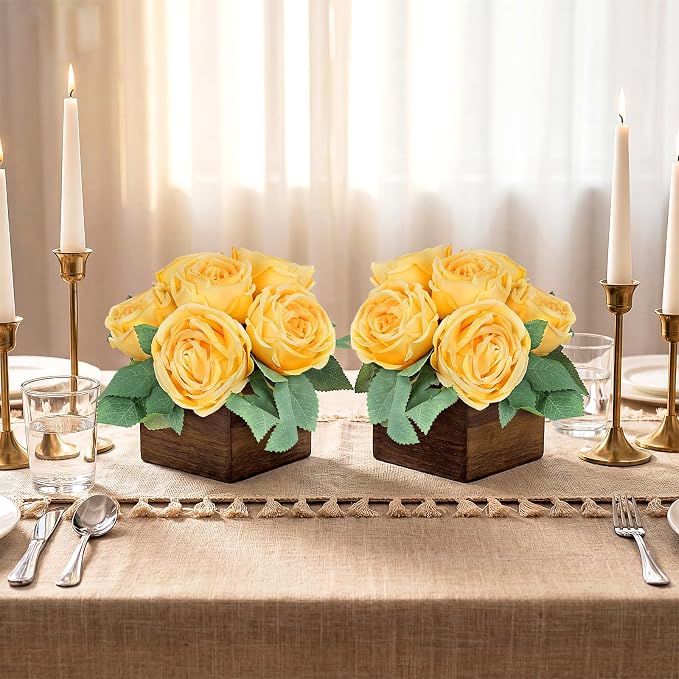 Dining Table Centerpiece Set of 6 - Pre-Made Aritifial Rose with Wooden Vase Fake Floral Arrangment Faux Flower for Wedding Bridal Tea Party Event Decorations - Dark Yellow