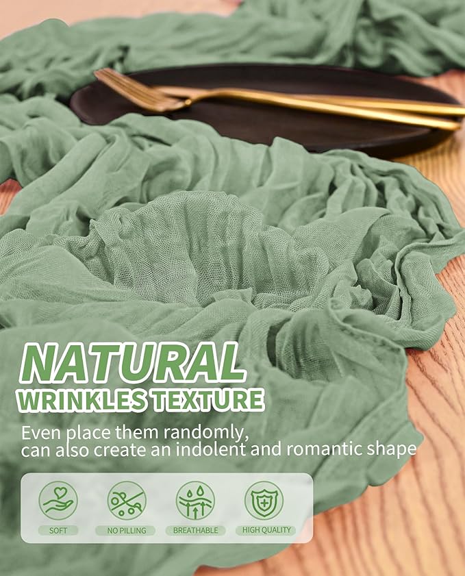 6 Pack Sage Green Table Runner, Cheesecloth Table Runner Long Romantic Semi Sheer Rustic Boho Gauze Table Runners for Wedding Bridal Shower Birthday Party Decorations(17.7×108 Inch)