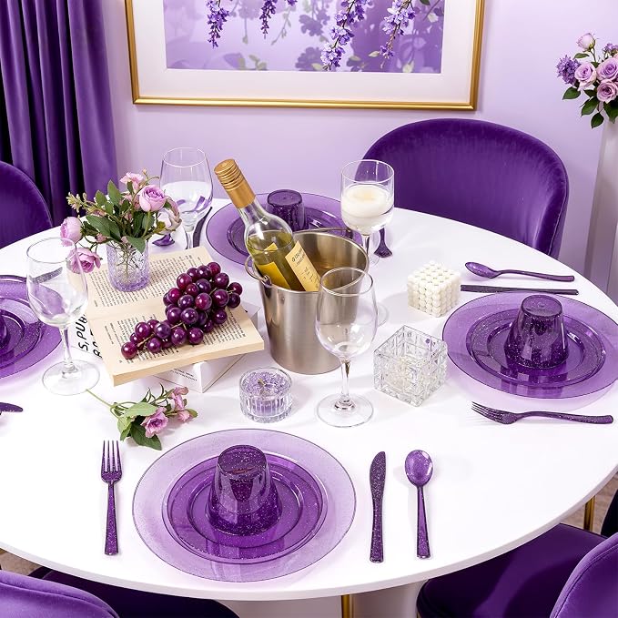 DaYammi 210 Purple Glitter Plastic Dinnerware Set for 30 Guests, Fancy Disposable Plates for Party, Include: 30 Dinner Plates, 30 Dessert Plates, 30 Pre Rolled Napkins with Purple Silverware, 30 Cups