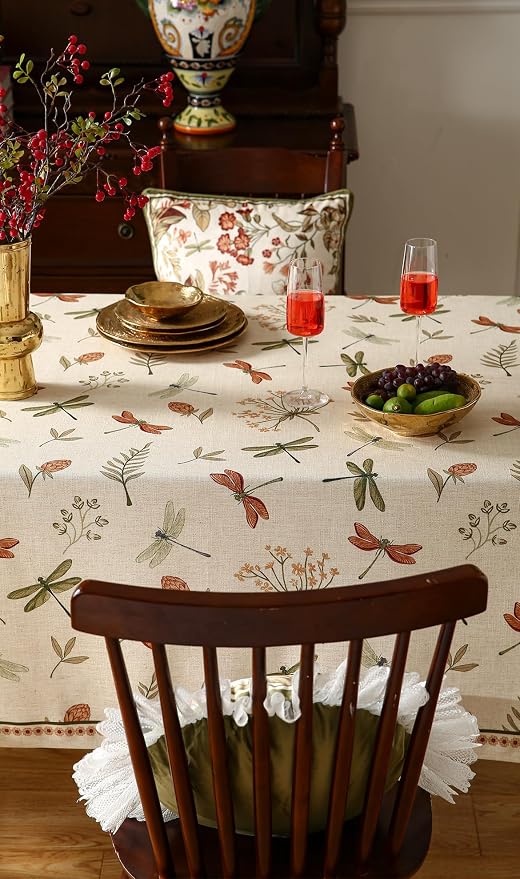 ISAENNE Designer Rectangular Elegant Linen Tablecloth,79"x55"-Grace B | Vintage French Printed Table Cloth Rectangle Table,Dragonfly Pattern,Durable,Heavyweight,Dining,Kitchen,Thanksgiving