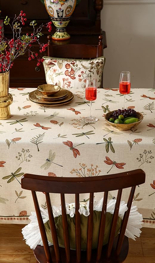 ISAENNE Designer Rectangular Elegant Linen Tablecloth,110"x63"-Grace B | Vintage French Printed Table Cloth Rectangle Table,Dragonfly Pattern,Durable,Heavyweight,Dining,Kitchen,Thanksgiving