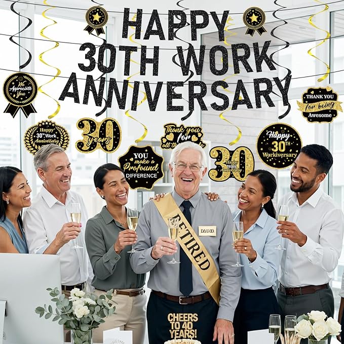 11pcs 30 Year Work Anniversary Decorations Black Gold Happy 30th Work Anniversary Banner Hanging Swirls Employee Appreciation Decorations Supplies 30 Year Workiversary Gifts for Employee Worker