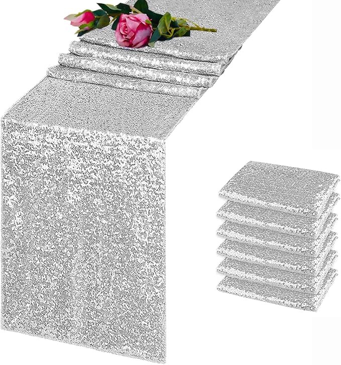 6 Pack Silver Sequin Table Runner 12x72 Inch, High Density Sparkly Glitter Table Runners for Wedding Reception, Birthday Party, Banquet, Baby Shower, Silver Metallic Shimmering Decor
