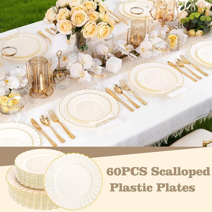 YOUBET 60PCS Ivory Scalloped Plastic Plates - Hard Craem and Gold Fancy Disposable Plates include 30 Gold Dinner Plate, 30 Dessert Plate for Wedding Party