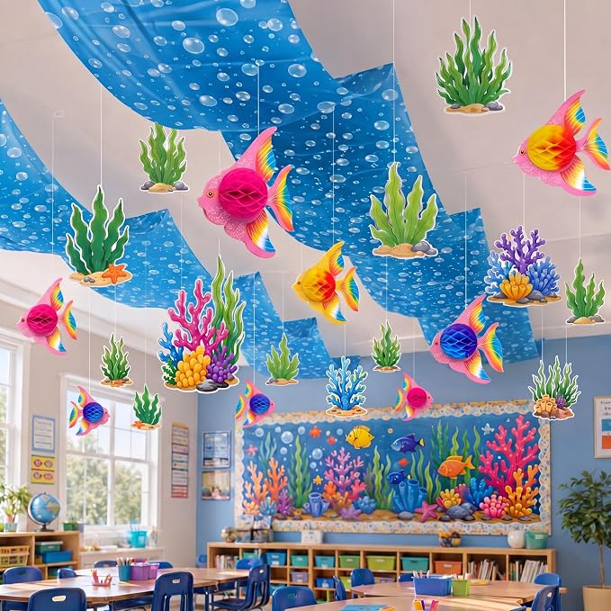 60 Pcs 2026 Under The Sea Party Decoration for Classroom 24" x 13ft Ocean Hanging Ceiling Banner 3D Faux Floating Fish Seaweed Hanging Ornament for Kid Back to School Party Class Decor