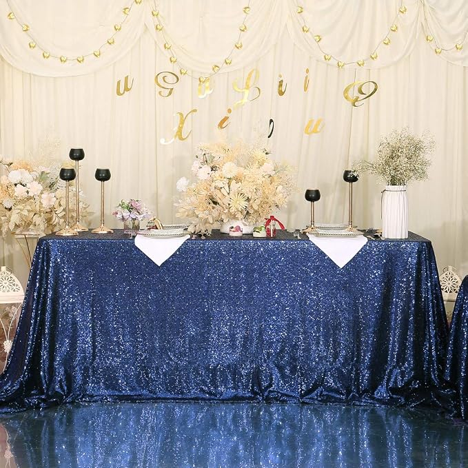Eternal Beauty Navy Blue Tablecloth, 50x80 Inch Sequin Rectangle Table Cover for Cake Dessert Exhibition Party Birthday Events