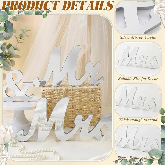 Yuntau Mr & Mrs Table Sign with Acrylic Mirror Wooden Freestanding Letters Sweetheart Table Decorations & Photo Props for Wedding Anniversary Parties Photo Props, Rustic Shower Gift(Silver)