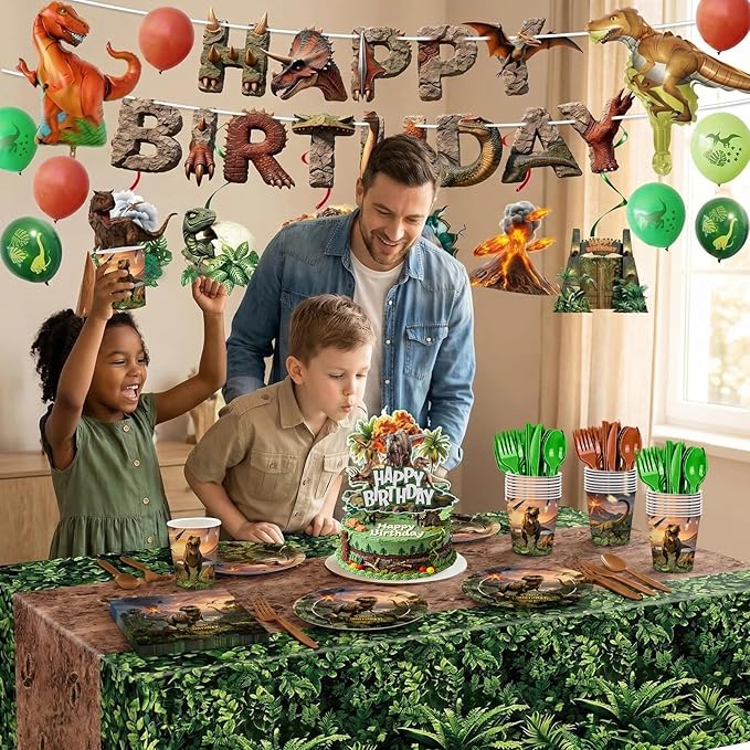 208pcs Dinosaur Plates Napkins Party Supplies Dino Disposable Tableware Set Include Plates Napkins Cups Cutlery Balloon Cake Topper Banner Hanging Swirl Tablecloths for Dino Party Decorations Serve 24