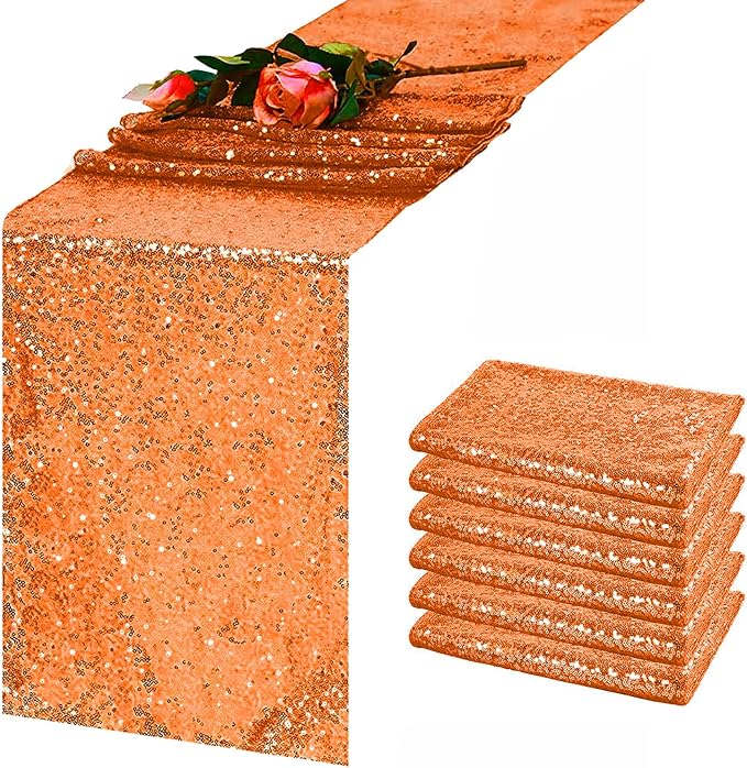 6 Pack Orange Sequin Table Runner 12 x 108 Inch - High Density Sparkly Glitter Table Runners for Thanksgiving Dinner, Halloween Party, Birthday Party, Shimmering Orange Decor