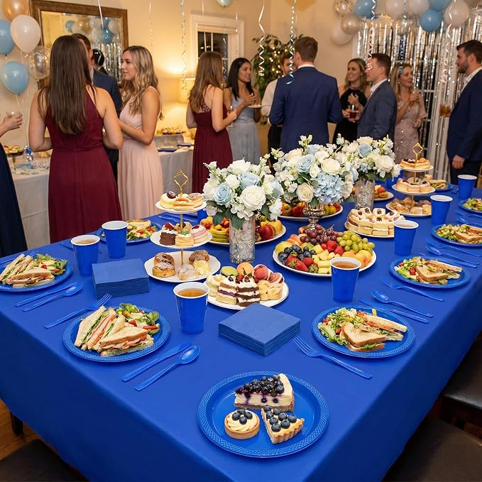 352 Pcs Blue Plastic Plates Party Set, 50 Guests Disposable Dinnerware Set with Deep Blue Tablecloths, Classic Blue Plastic Plates Party Set for Wedding/Anniversary/Nautical Party/Men's Event