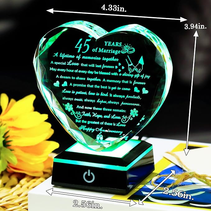 Arikyrist 45th Wedding Anniversary Crystal Gifts for Couples Parents, Romantic Heart 45th Anniversary Keepsake Gifts Ideas for Her Him, 45 Years of Marriage Gift for Wife Husband