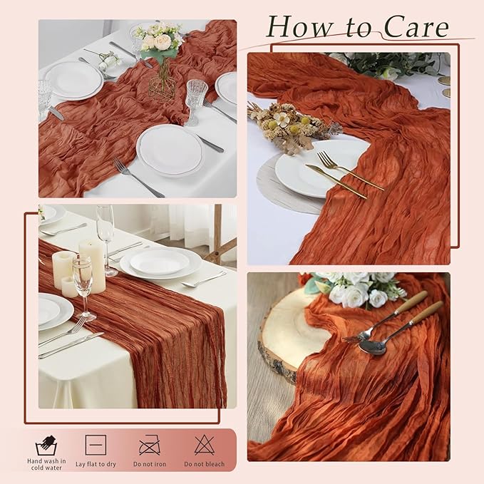 10 Pack Terracotta Cheesecloth Table Runner 17x108 Inch Semi Sheer Boho Rustic Gauze Cheese Cloth Table Runners for Wedding Party Birthday Baby Shower Home Décor