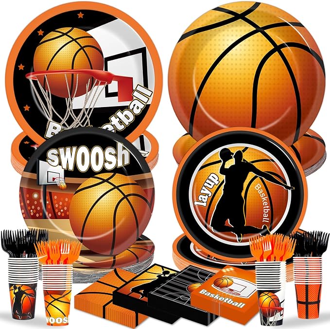 250 Pcs Basketball Birthday Party Decors Basketballs Disposable Party Tableware Sets Including Plates Cups Napkins Basketball Sports Theme Dinnerware for Sports Birthday Parties Supplies Serves 50