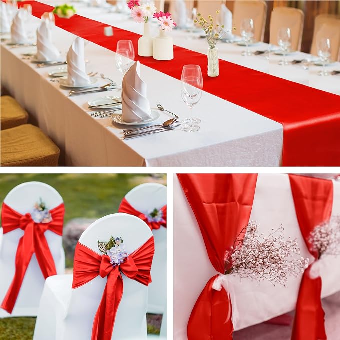Aneco 12 Pack Satin Table Runner 12 x 108 Inch Red Long Wedding Satin Silk Table Runner for Wedding Banquet Graduations Birthday Party Decoration