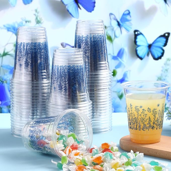 Funnymoom 60 Pack Blue Floral Plastic Cups 12 oz Blue White Flower Wildflowers Disposable Clear Plastic Drinking Cups for Summer Spring Wedding Bridal Baby Shower Birthday Party Decoration Supplies