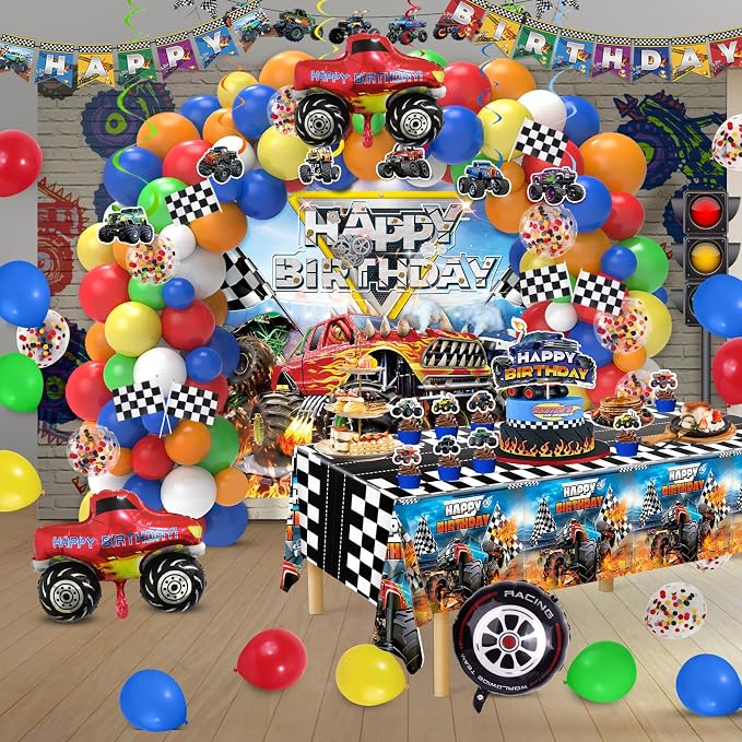 Monster Truck Birthday Decorations, Machines Jam Party Decoration Supplies include Truck Balloons Arch, Tablecloth, Backdrop, Cake Cupcake Toppers, Hanging Swirls, Flags, Truck Birthday Decor for Boys