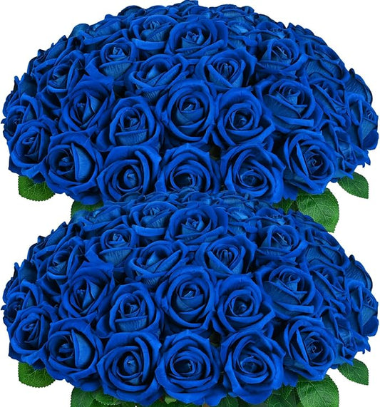 50 Pcs Blue Roses Artificial Flowers, Real Touch Velvet Roses Bouquet Fake Flowers Bulk, Artificial Roses with Long Stems for Birthday Gift Women Mom DIY Bridal Wedding Centerpiece Decorations