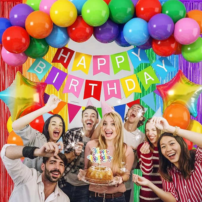 Jobkoo Rainbow Birthday Decorations for Kids, Colorful Party Decor Assorted Color Latex Foil Balloons Fringe Backdrop Happy Birthday Banner Cake Toppers for Boys Girls Carnival Circus Party Supplies