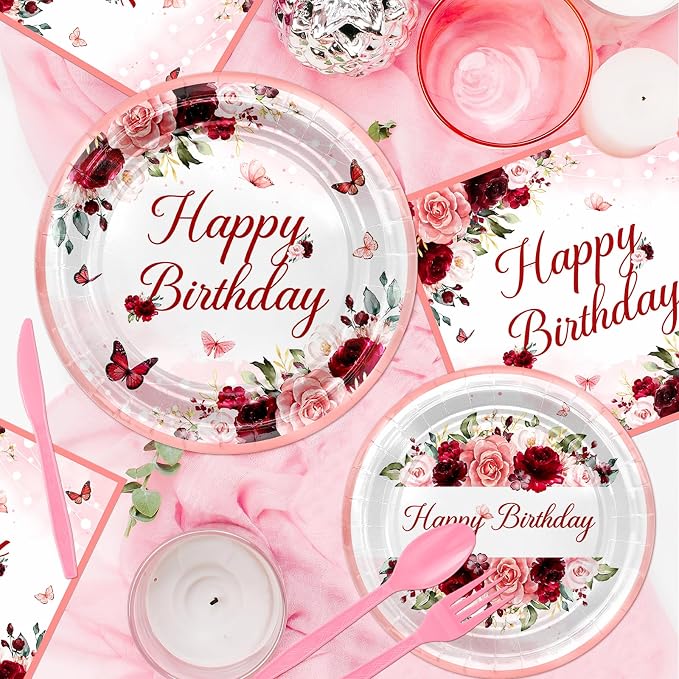 Burgundy Birthday Party Decorations 169 Pcs Burgundy Plates and Napkins Cups Tablecloth Serve 24 Rose Gold Floral Butterfly Party Supplies for Women Girl