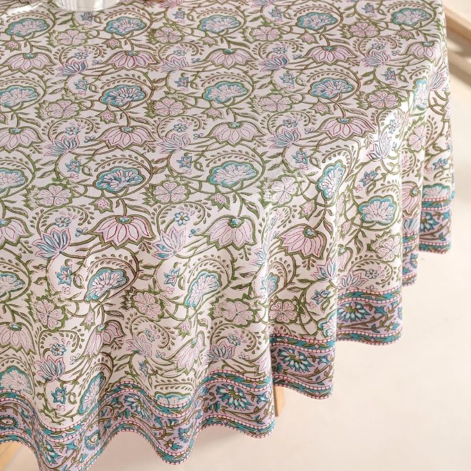 Hand Block Printed Tablecloth – Colorful Floral Print | 100% Cotton | Indian Artisan Handmade Art | Dining Room, Kitchen, Outdoor Décor, (Rosy Dawn Delight, 6 Seater 72 Inches Round)