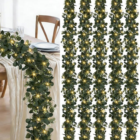 Eucalyptus Garland with Lights, 6 Packs 6FT Artificial Lighted Garland, Spring Summer Green Faux Garlands for Indoor Outdoor Home Decor Table Runner Wedding Arches Backdrops Decor