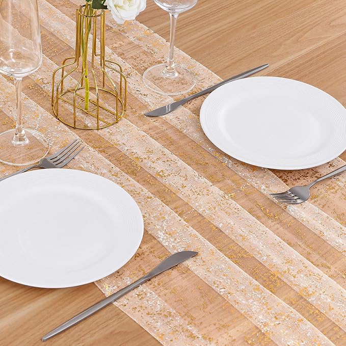 BINBE 1PCS Gold Table Runner 10Ft Gold Sheer Table Runner Chiffon Fabric Cheesecloth Sequin Glitter Table Runner for Wedding Birthday Bridal Shower Party Decor