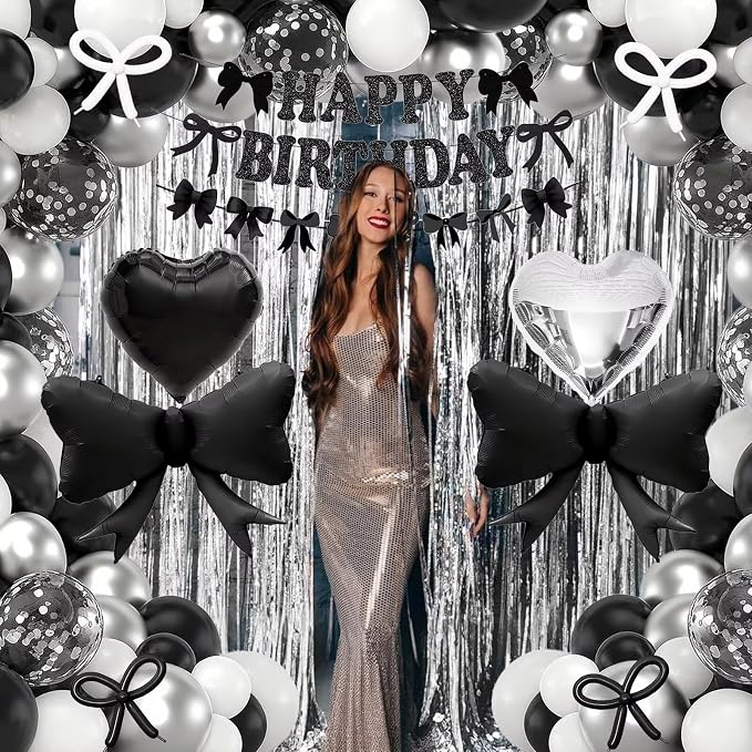 Black Bow Birthday Decorations, Coquette Bow Black and White Silver Balloons with Happy Birthday Banner Fringe Curtain Cake Toppers for Women Girls Baby Shower Party Supplies