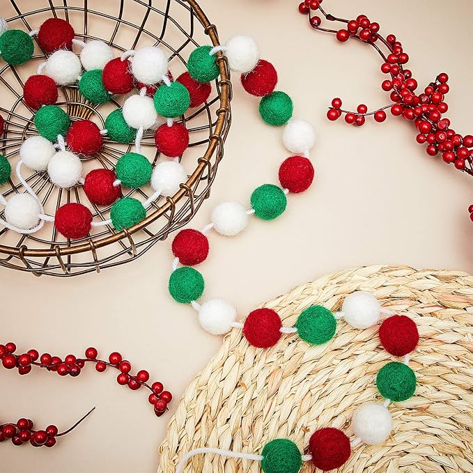 WILLBOND 3 Pieces Wool Felt Rainbow Ball Garland Colorful Pom Pom 6.5 ft Long 24 Ball Garland for Easter Mardi Gras Classroom Halloween Thanksgiving Xmas (Red,White,Green)