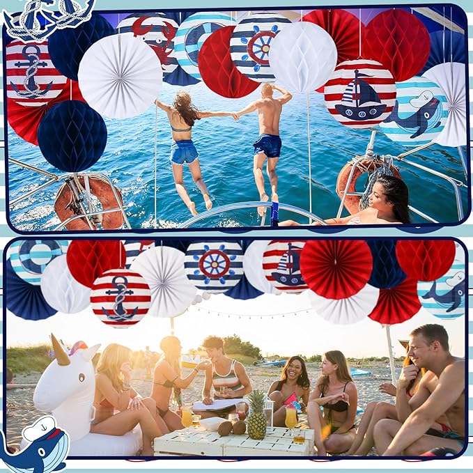 Retisee 18 Pcs Nautical Party Decoration Anchor Ship Wheel Hanging Paper Lantern Honeycomb Fans Honeycomb Ball for Boat Cruise Party Ceiling Decor Supplies