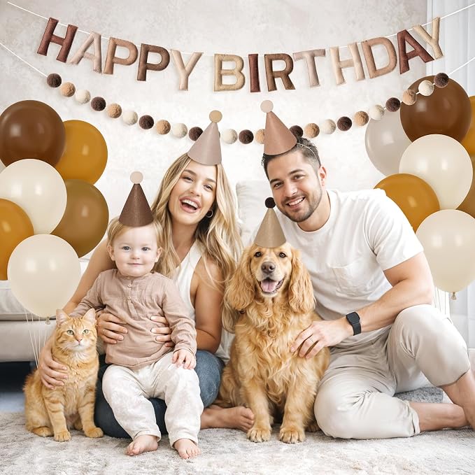 Kriyokiaa Pre-Strung Felt Happy Birthday Banner Retro Brown Happy Birthday Party Decorations with Party Hats for Stuffed Animals, Pom Pom Garland and Balloons for Women Men Boys Girls Party Decor