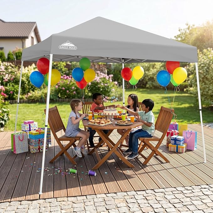 EAGLE PEAK 10x10 Slant Leg Pop-up Canopy Tent Easy One Person Setup Instant Outdoor Beach Canopy Folding Portable Sports Shelter 10x10 Base 8x8 Top (Light Gray)