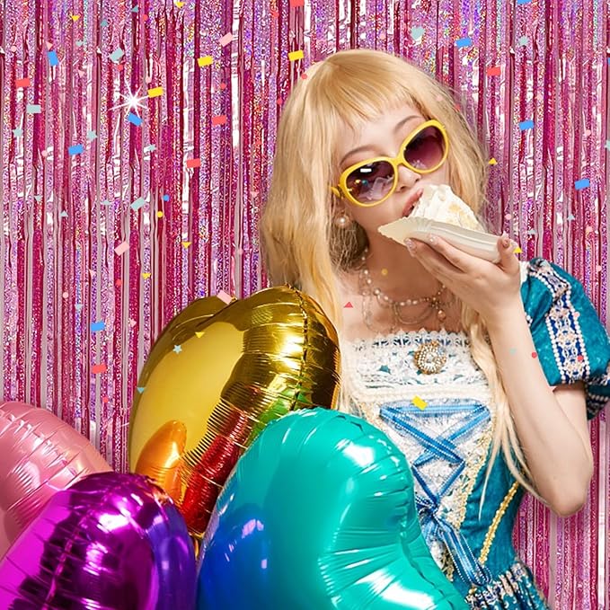 Tinsel Curtain Pink Birthday Party Decorations 2 Packs Glitter Foil Fringe Curtain Decor Streamers Photo Booth for Birthday Christmas Wedding Halloween Graduation