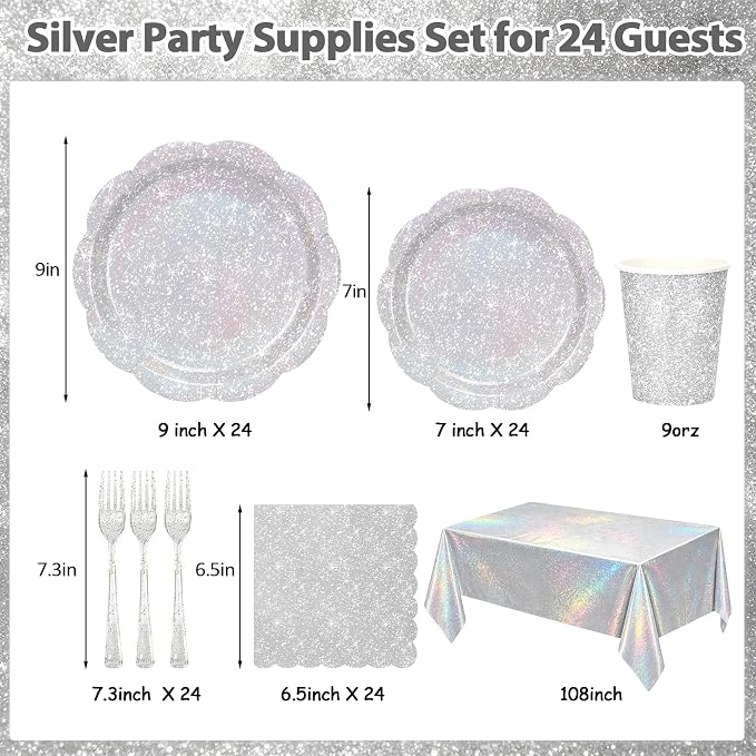 Silver Iridescent Plates and Napkins Set, Disposable Holographic Paper Plates Cups Napkins Forks Tablecloth Party Supplies for Birthday Baby Shower Bridal Shower Party Decorations, Serves 24 Guests